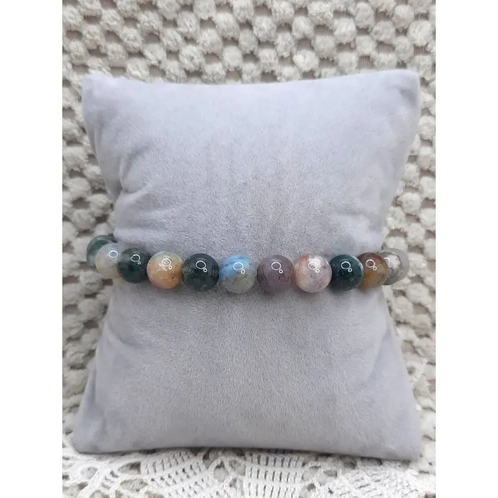 Natural Indian Agate Bracelet Multi-Color Beaded Stretch Earthy Tone Unisex Boho
